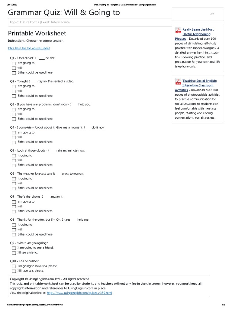 Will Going To English Quiz Worksheet Pdf Pdf Semiotics