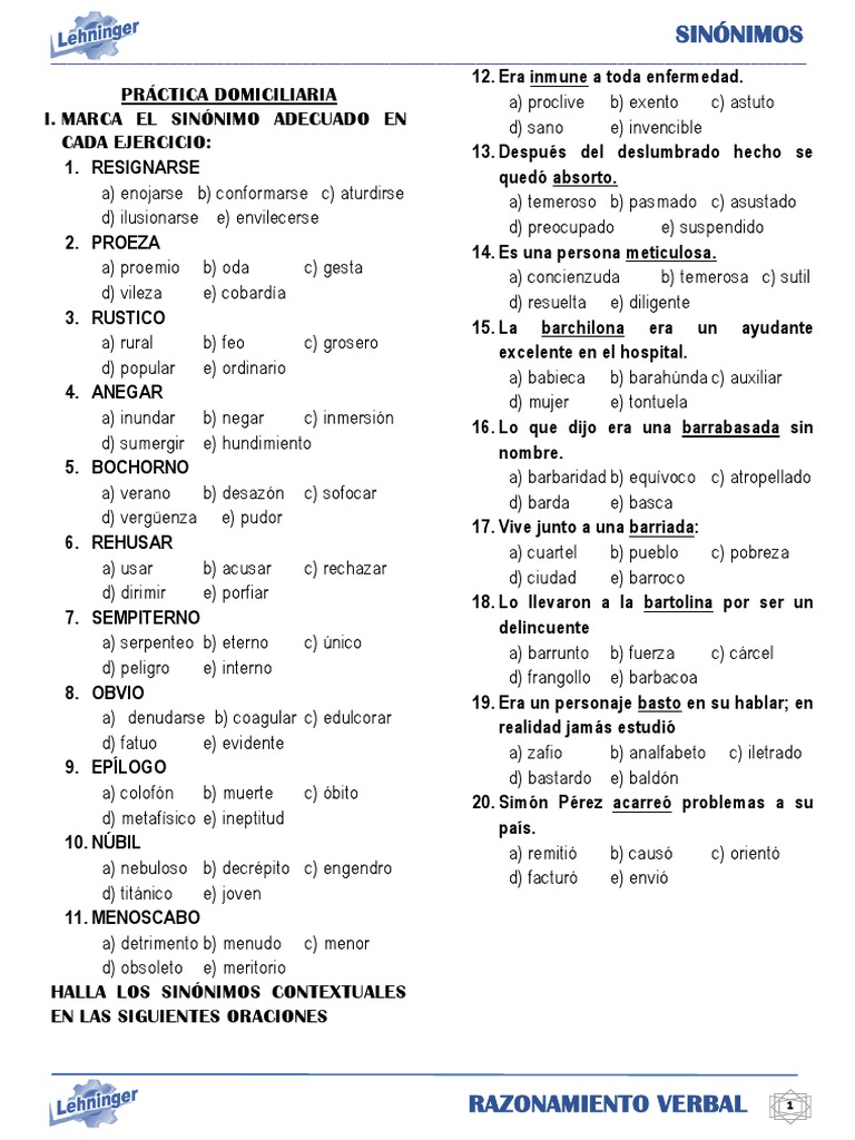 Ejercicios de Sinónimos: Práctica Domiciliaria | PDF