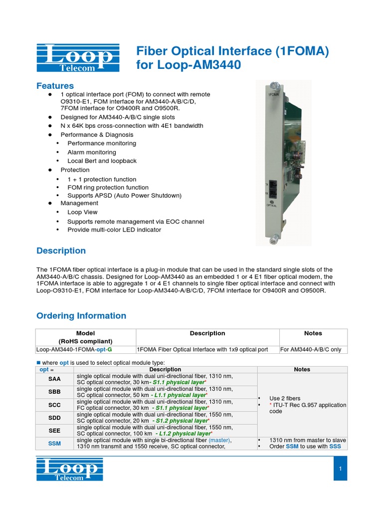 Fiber Optical Interface (1FOMA) For Loop-AM3440: Features | PDF ...