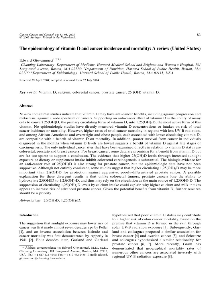 The Epidemiology of Vitamin D and Cancer Incidence and Mortality: A ...