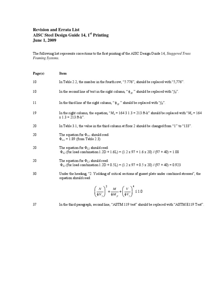 AISC Design Guide 14 Errata List | PDF