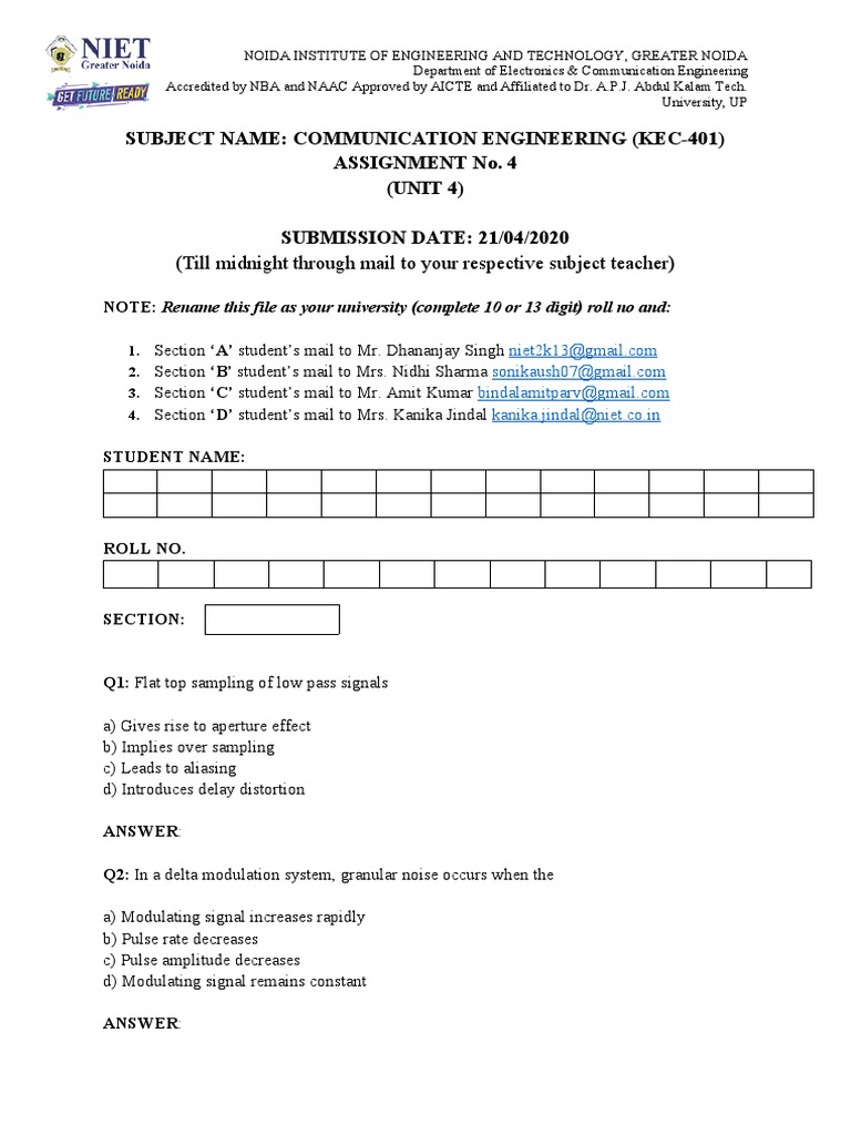 Communication Engineering Assignment KEC-401 | PDF | Modulation | Data ...