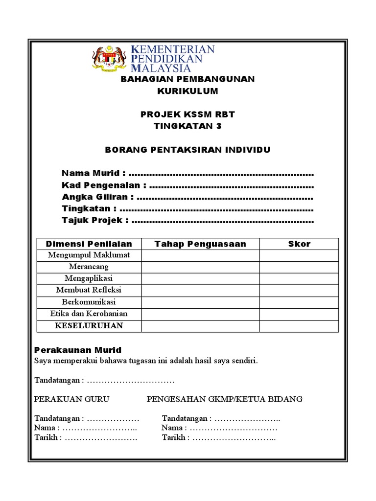Borang Penilaian RBT Tingkatan 3 | PDF | Karier & Perkembangan | Seni
