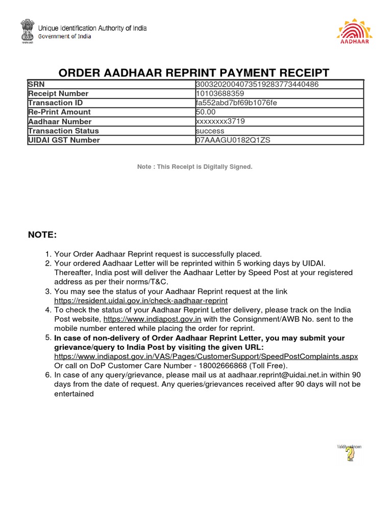 Aadhaar Reprint Payment Receipt Details | PDF | Receipt | Service ...