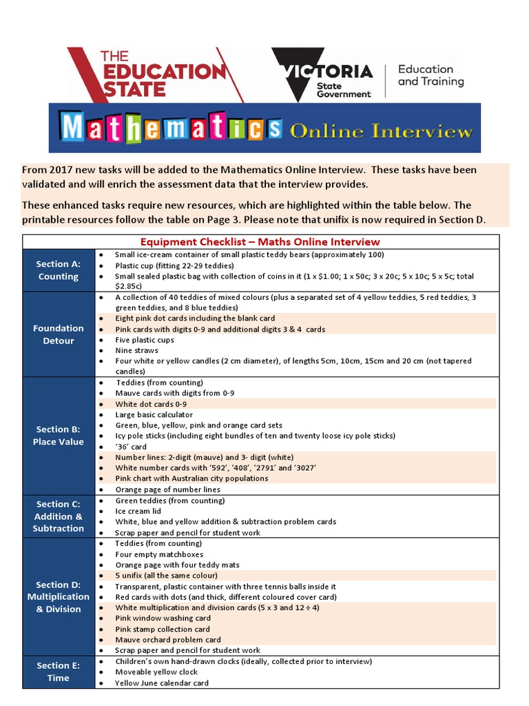 Equipment Checklist Maths Online Interview Section A Counting PDF