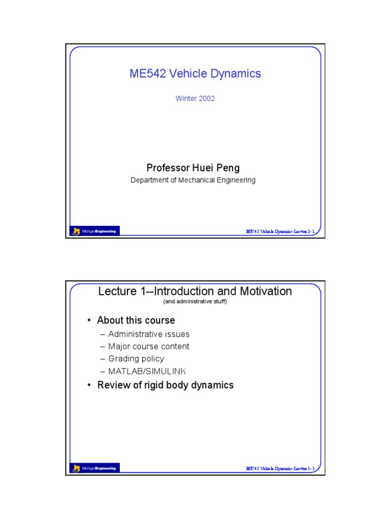 ME542 Vehicle Dynamics Overview | PDF | Lagrangian Mechanics | Kinematics