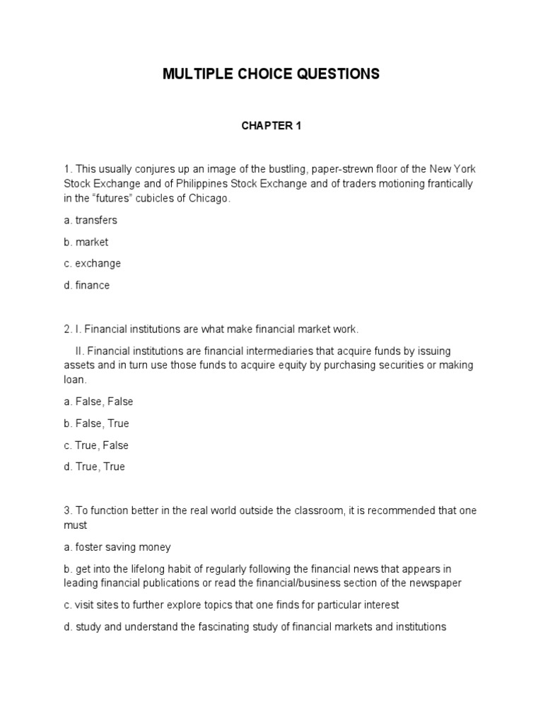 Multiple Choice Questions Financial Markets | PDF | Money Supply | Money