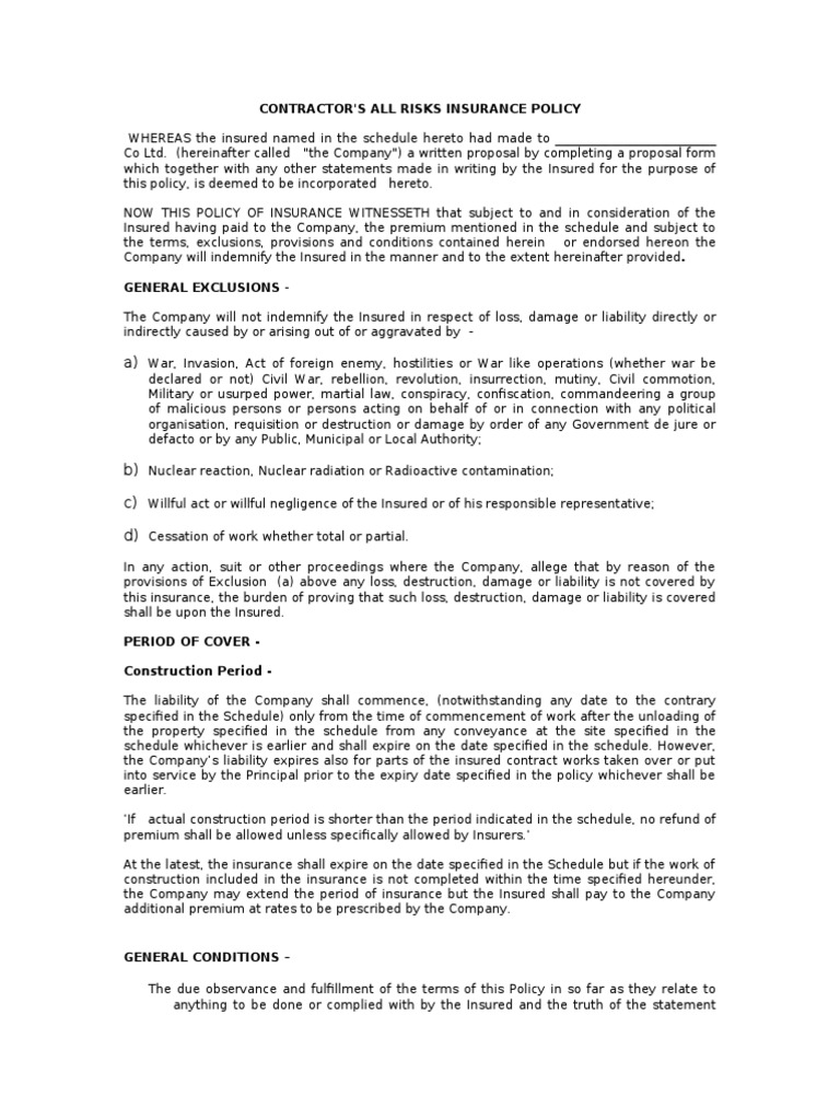 Contractor's All Risks Insurance Policy | PDF | Indemnity | Liability ...