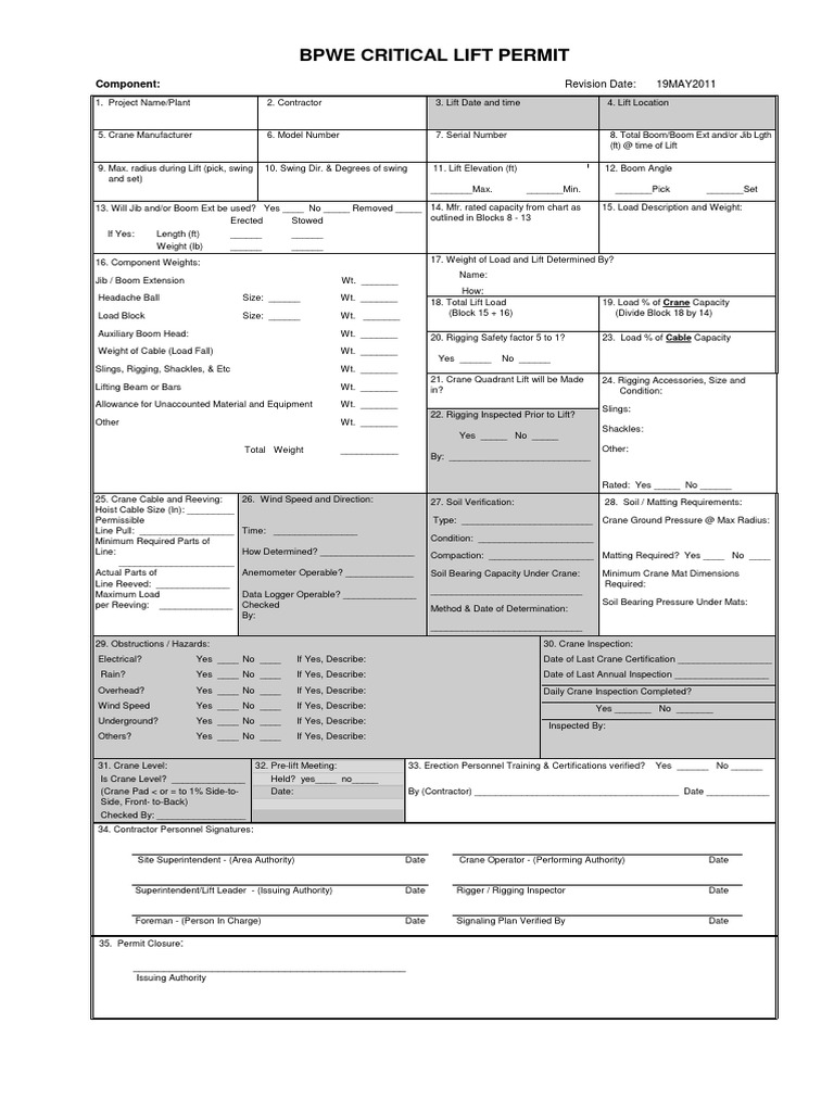 BPWE Critical Lift Permit Form | PDF | Crane (Machine) | Manufactured Goods