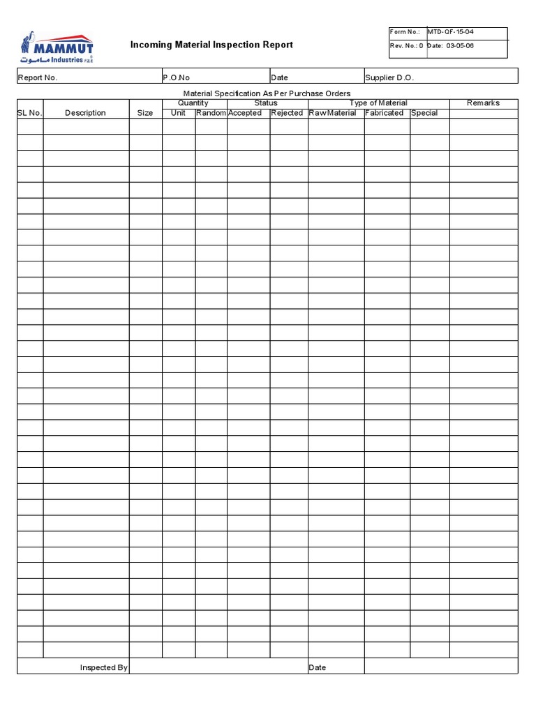 Incoming Material Inspection Summary | PDF