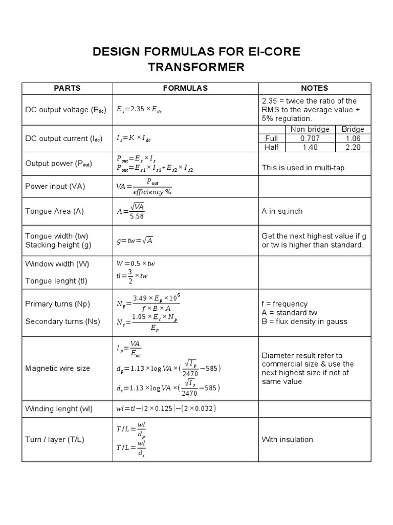 EI-Core Transformer Design Formulas | PDF | Transformer | Teaching ...