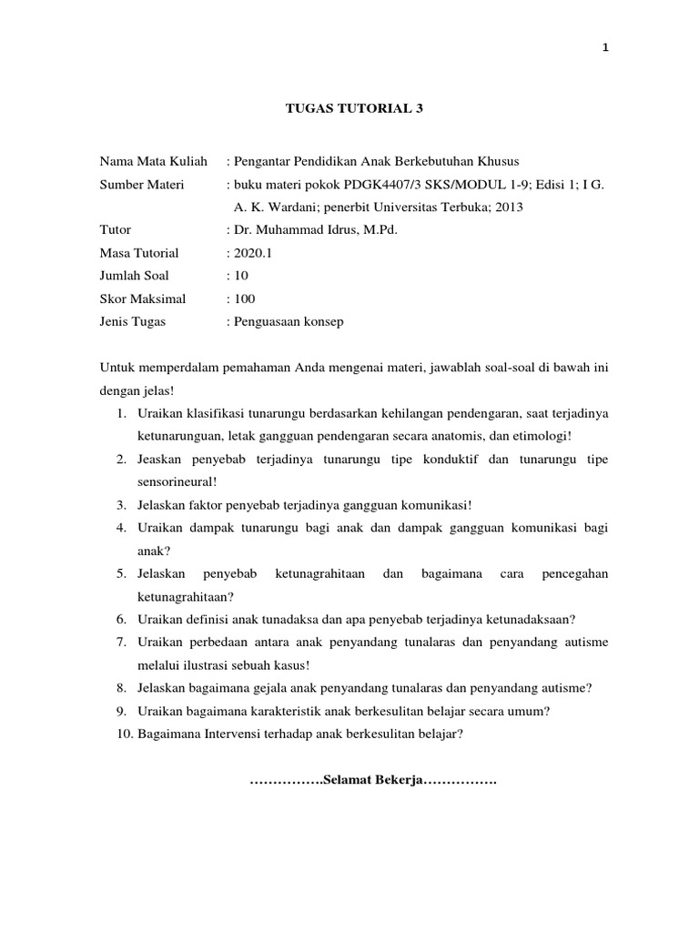 Tugas Tutorial 3 Pengantar Pendidikan Abk Pdgk4407