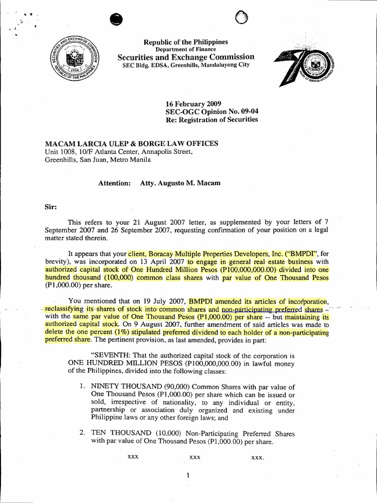 SEC Opinion on BMPDI Securities Registration | PDF | Securities Act Of ...