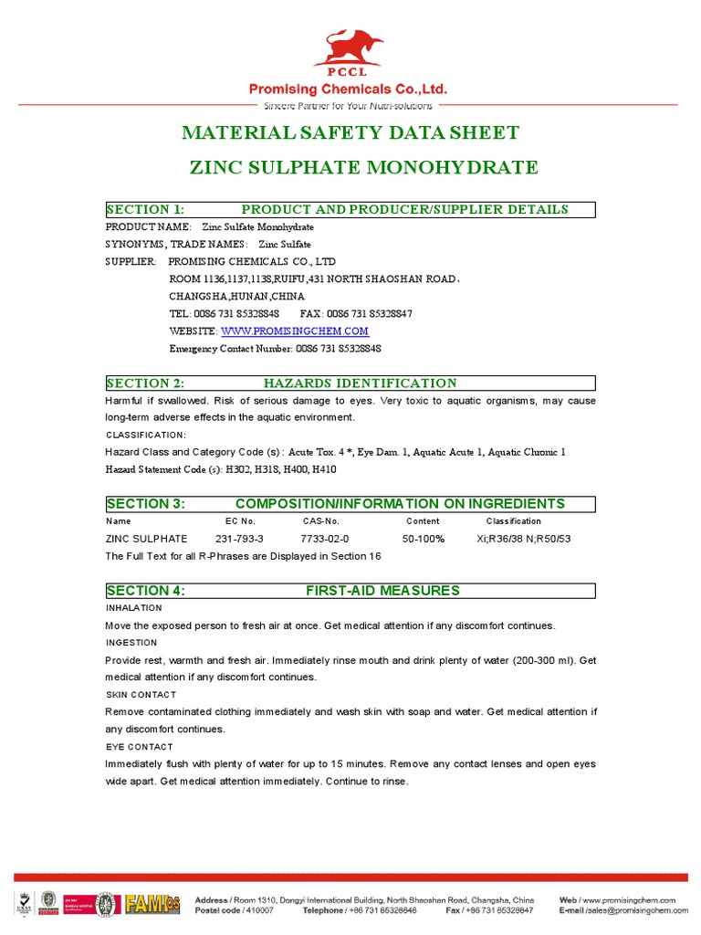 Material Safety Data Sheet Zinc Sulphate Monohydrate Section 1