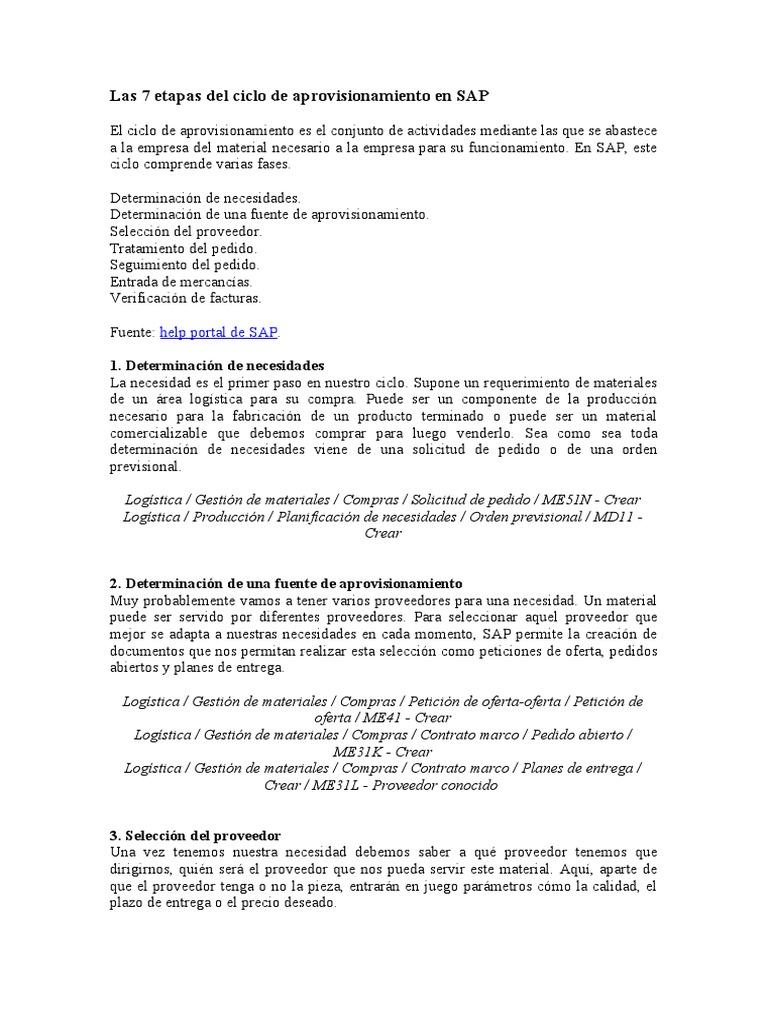 7 Etapas del Ciclo de Aprovisionamiento SAP | PDF | Obtención | Logística