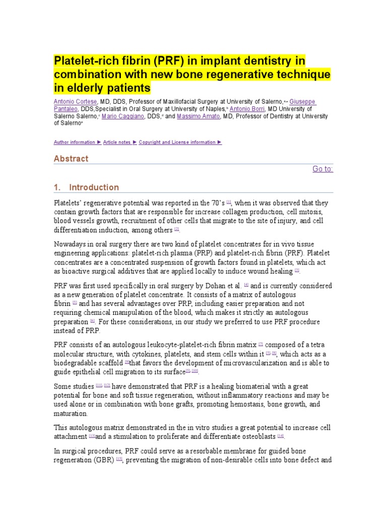 Platelet Rich Fibrin in Implant Dentistry in Combination With New Bone ...