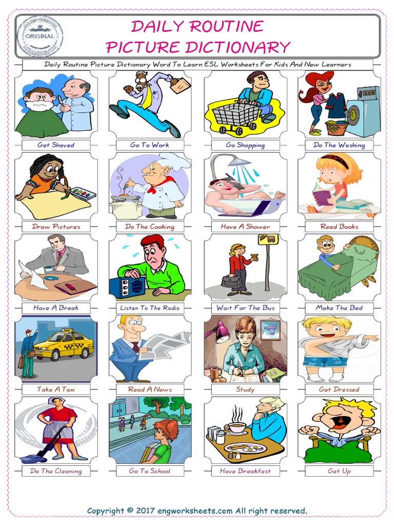 daily routine picture dictionary word to learn esl worksheets for kids and new learners 5384 pdf