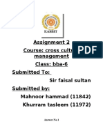 Assignment 2 Course: Cross Culture Management Class: Bba-6 Submitted To: Sir Faisal Sultan Submitted By: Mahnoor Hammad (11842) Khurram Tasleem (11972)