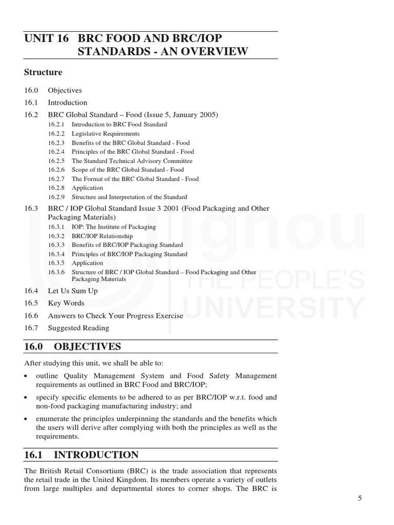 Unit 16 BRC Food and Brc/Iop Standards An Overview Structure PDF