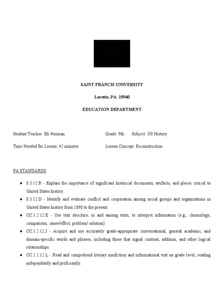 History Lesson Plan 1 21 20 PDF Teaching Cognition