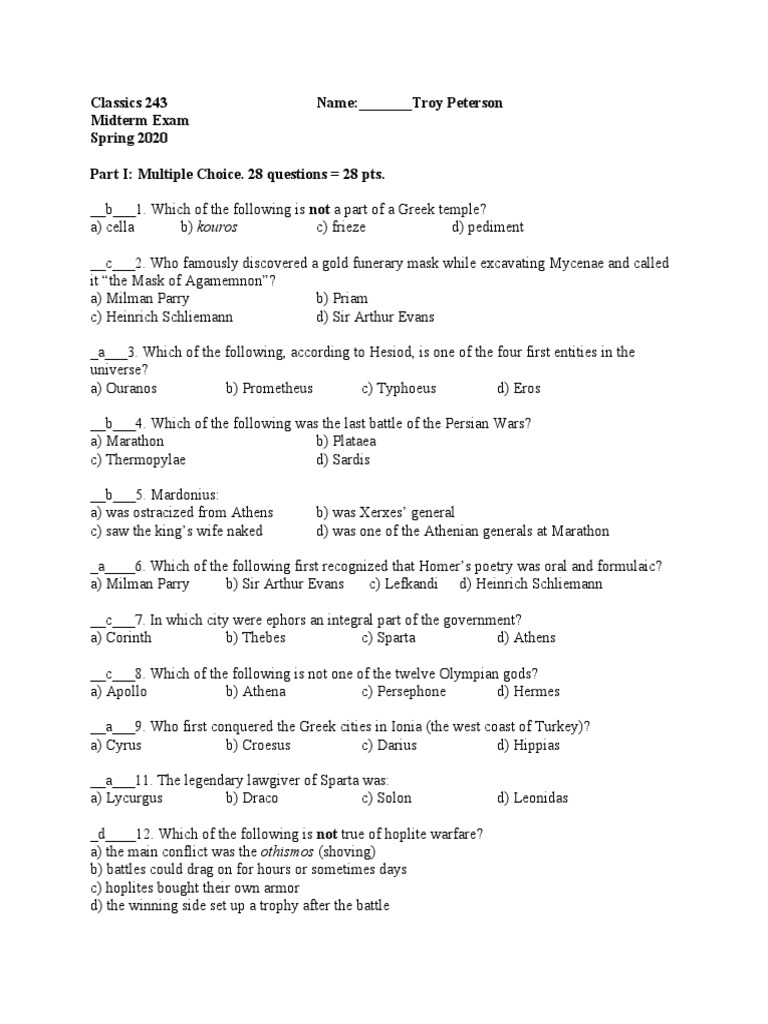 Greek History Midterm Exam 2020 | PDF | Sparta | Greco Persian Wars