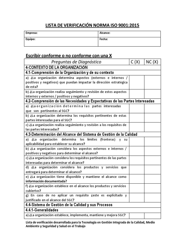 Lista de Verificación ISO 9001:2015 | PDF | Calidad (comercial ...