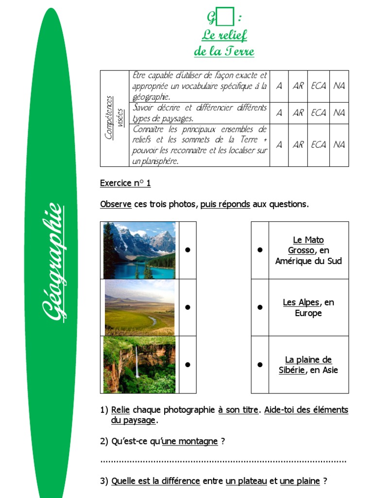 Les Différents Types De Paysages Ce2 Evaluation Evaluation Relief | PDF | Montagnes | Géomatique