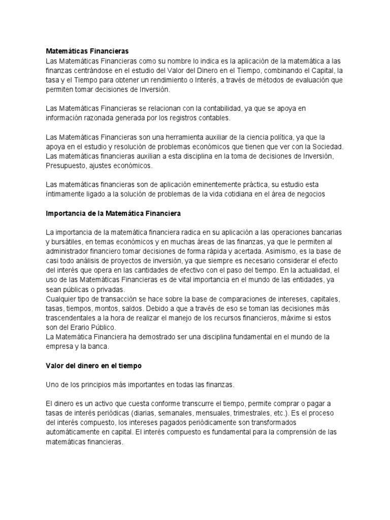 Matemáticas Financieras y Decisiones | PDF | Finanzas Matemáticas | Interés
