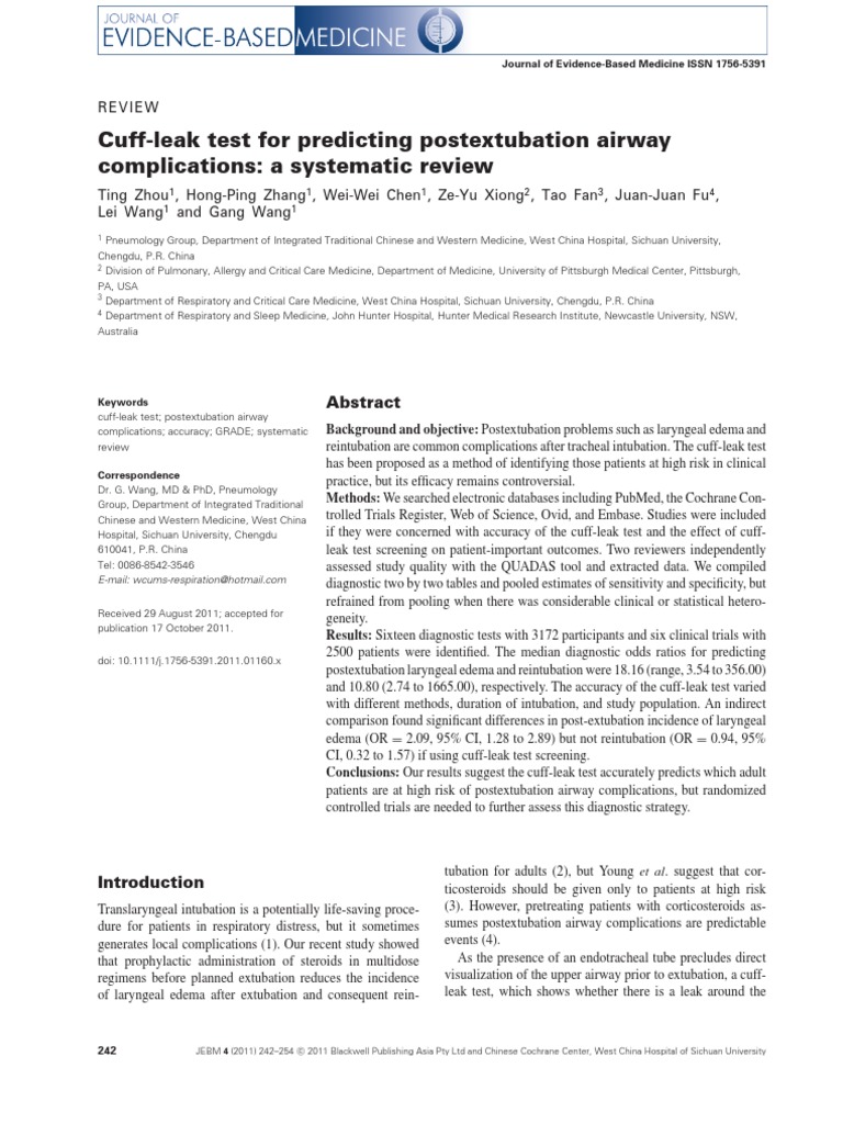 CuffLeak Test For Predicting Postextubation Airway Complications A