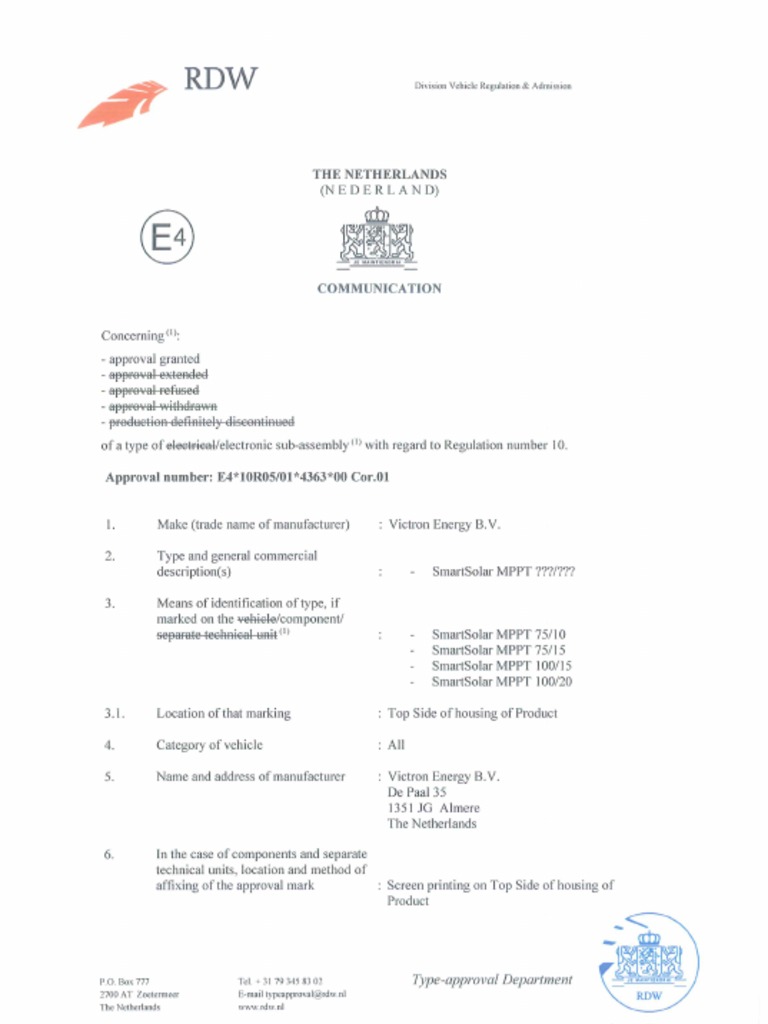 Certificate Automotive ECE R10 5 SmartSolar MPPT 75 10, 75 15, 100 15 ...