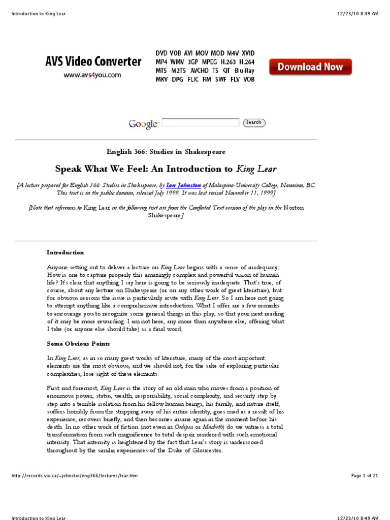 Introduction to King Lear Analysis | PDF | King Lear | Psychological ...