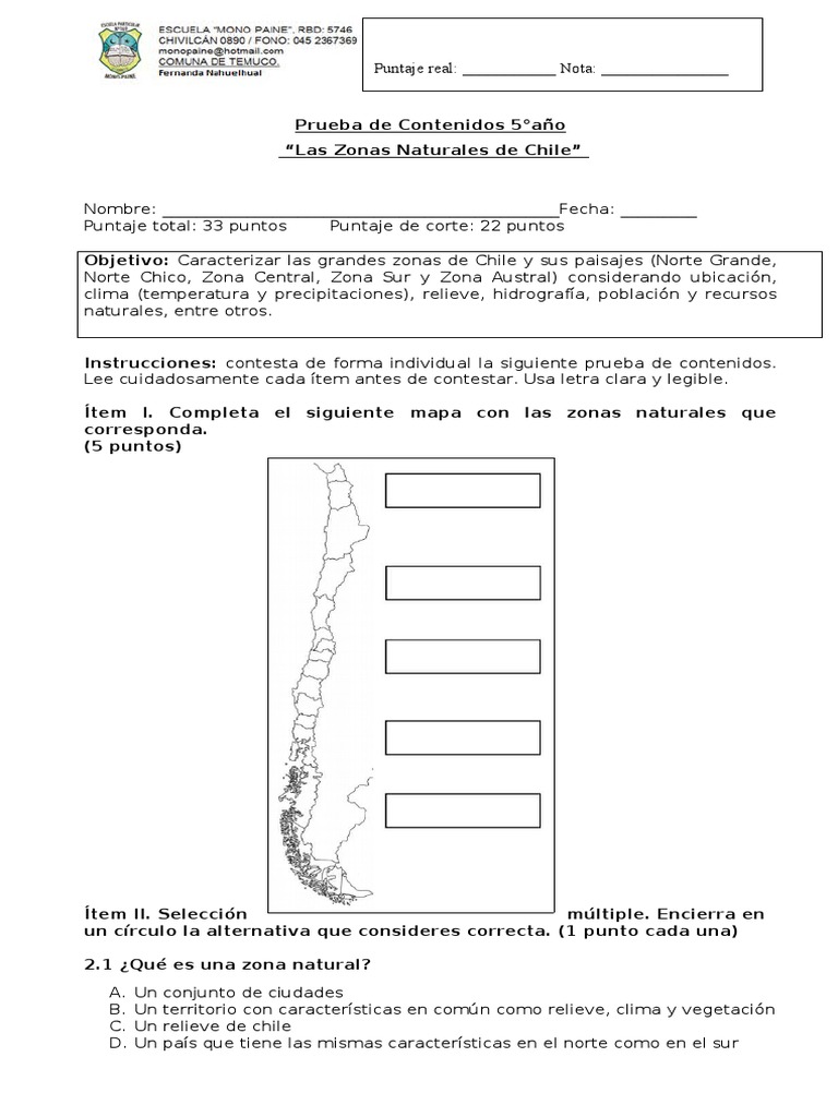 5° Año - Historia - Prueba - Zonas Naturales de Chile | PDF | Chile ...