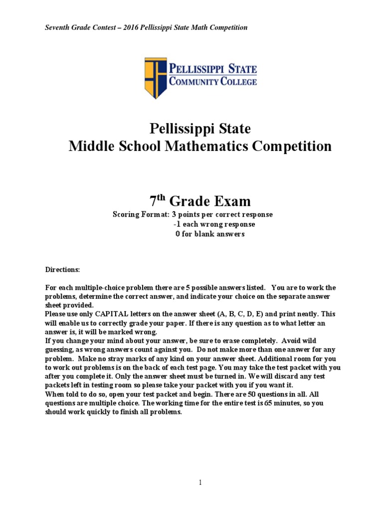 2016 7th Grade Math Competition Exam | PDF | Multiple Choice | Geometry