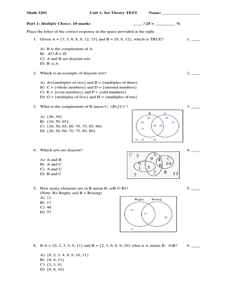 Math 3201 Set Theory Test | PDF | Teaching Mathematics | Science