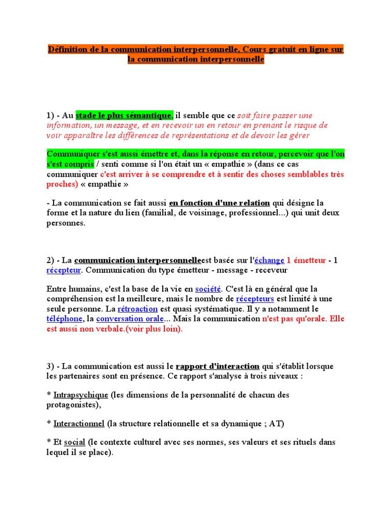 Définition de la communication interpersonnelle | PDF | la ...