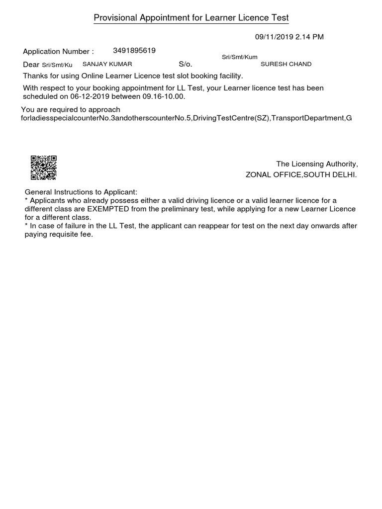 Provisional Appointment For Learner Licence Test Sanjay Kumar Suresh