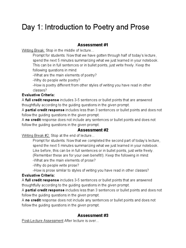 Lesson Plan Assesments Poetry And Prose Pdf Question Lecture