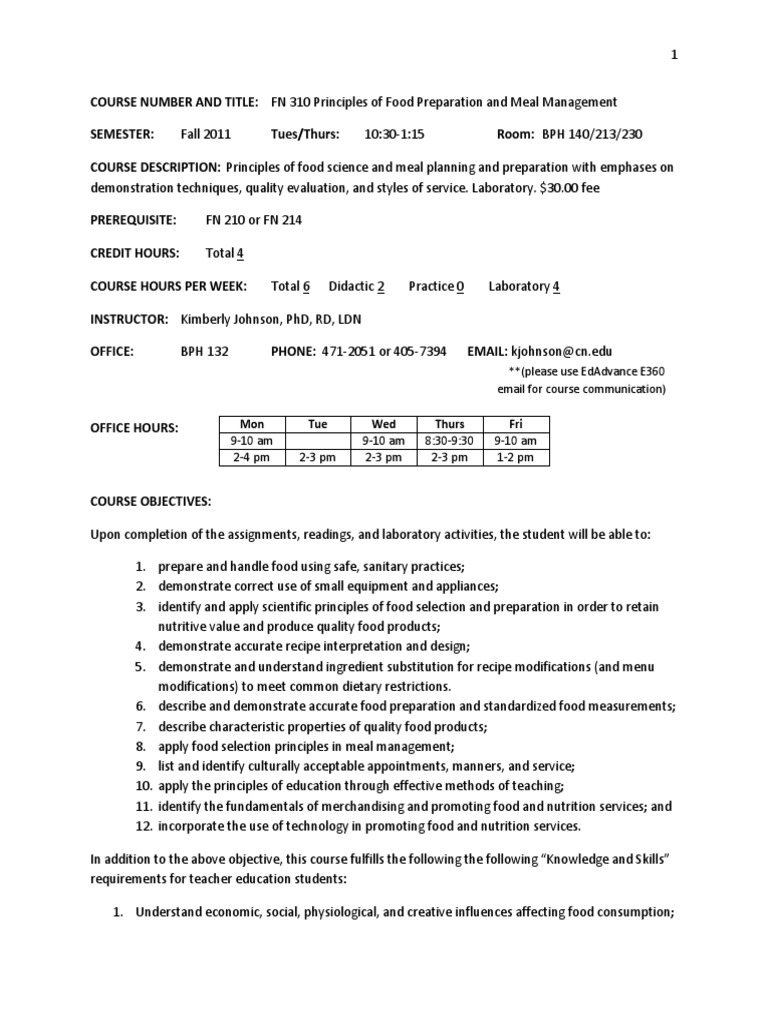 Course Syllabus in Meal Management PDF PDF Breads Lecture