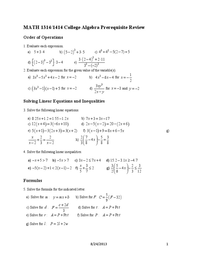 MATH 1314-1414 College Algebra and College Algebra For Precalculus  Prerequisite Review | PDF | Length | Rectangle, image size:768x1024