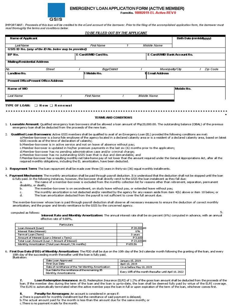 Emergency Loan Application Form (Active Member) Gsis: To Be Filled Out ...