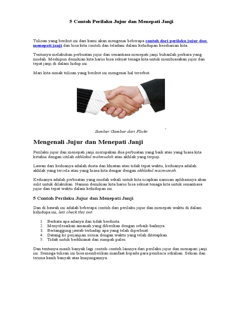 5 Contoh Perilaku Jujur Dan Menepati Janji | PDF