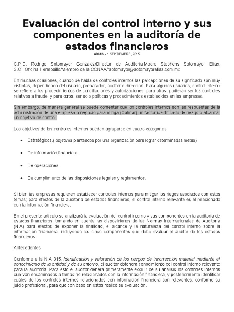 Evaluación de Control Interno en Auditoría | PDF | Contabilidad | Contralor