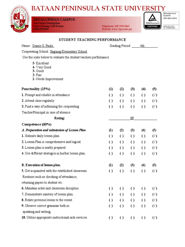 Student Teaching Performance Evaluation | PDF | Lesson Plan | Teachers