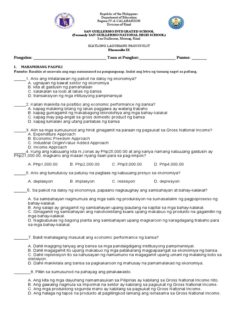Third Periodical Test In Ekonomiks 2019 2020 Pdf