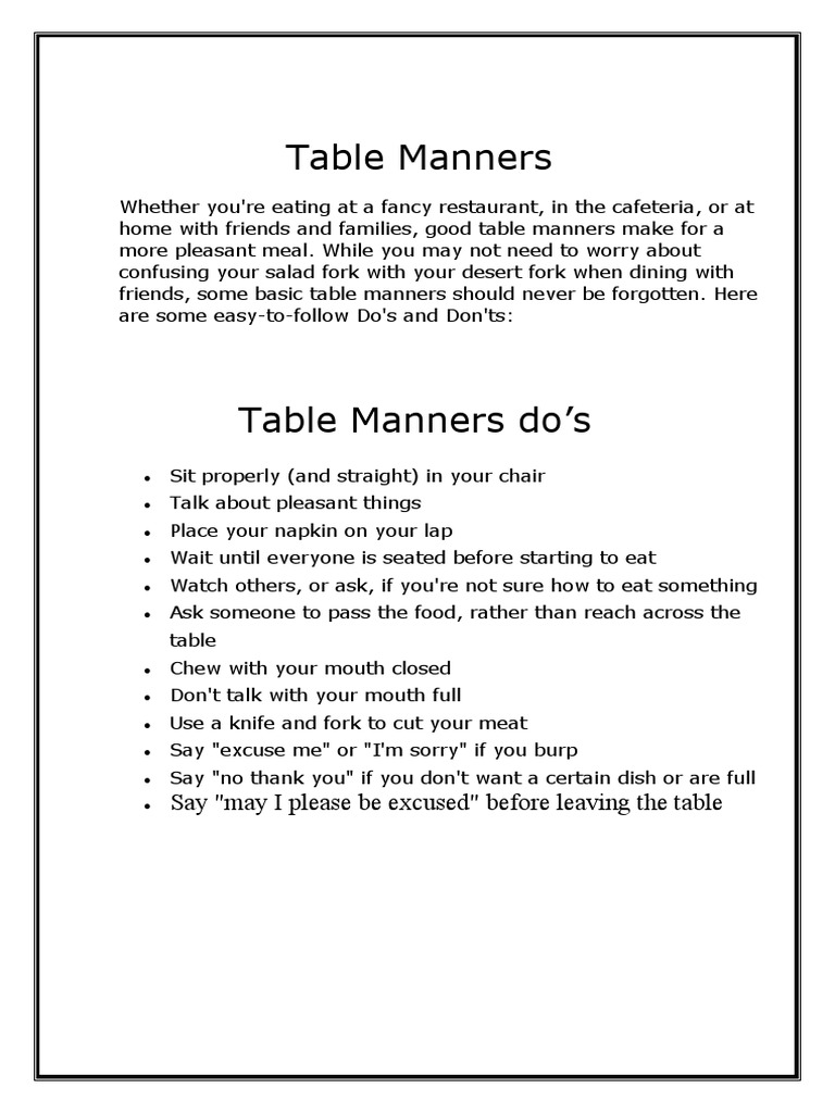 Table Manners | PDF | Cooking, Food & Wine