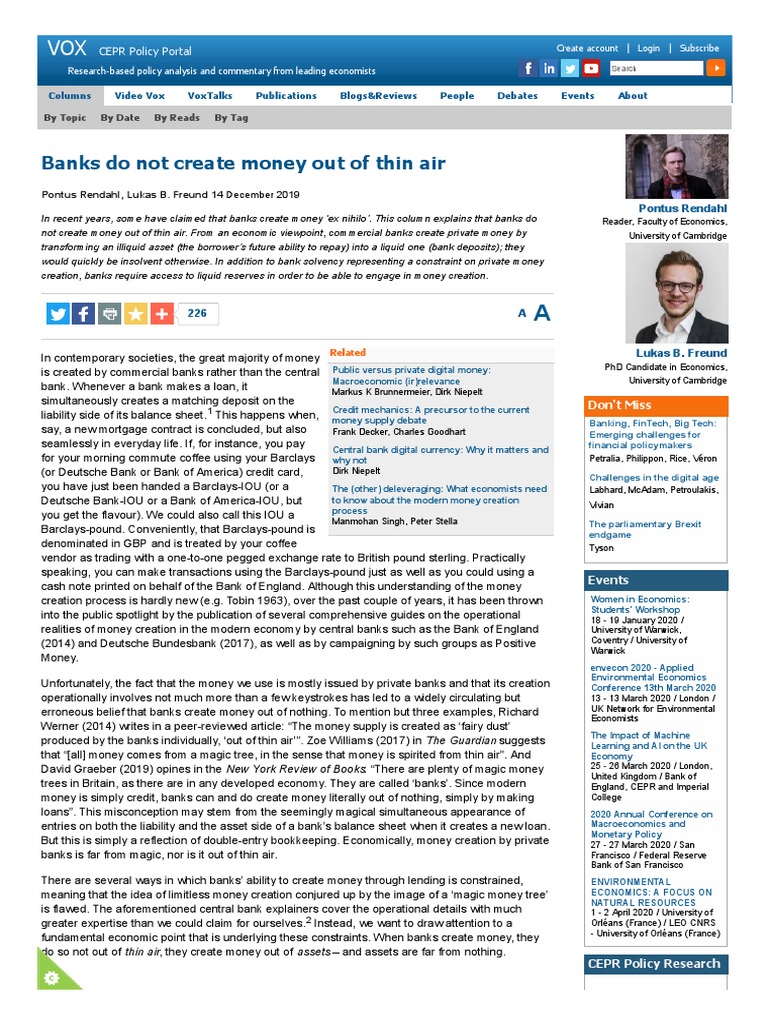 Banks Do Not Create Money Out of Thin Air VOX, CEPR Policy Portal
