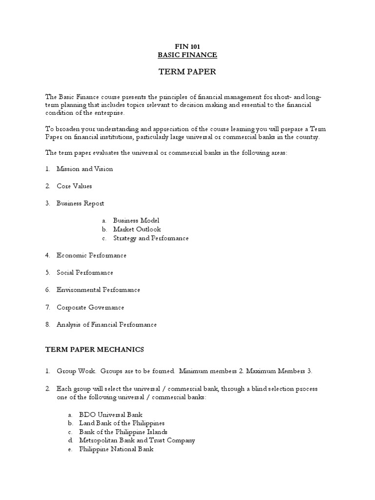Term Paper: FIN 101 Basic Finance | PDF | Banks | Business