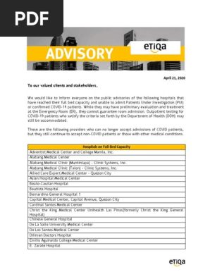 Etiqa Provider S Advisory As Of April 21 Pdf Clinic Metro Manila