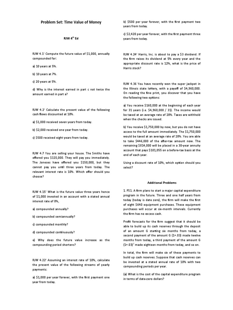 Time Value of Money Problem Set | PDF | Present Value | Discounting
