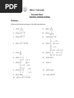 BRAC University Tutorial Sheet: Function Domain & Range Problems